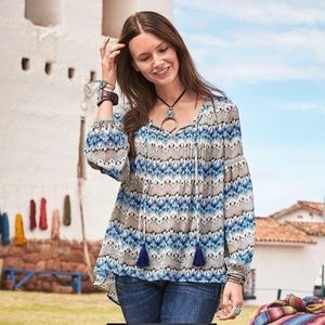 Sundance Sz M Earth Meets Sky Silk Ikat Print Stripe Tassel Sheer Blouse Top